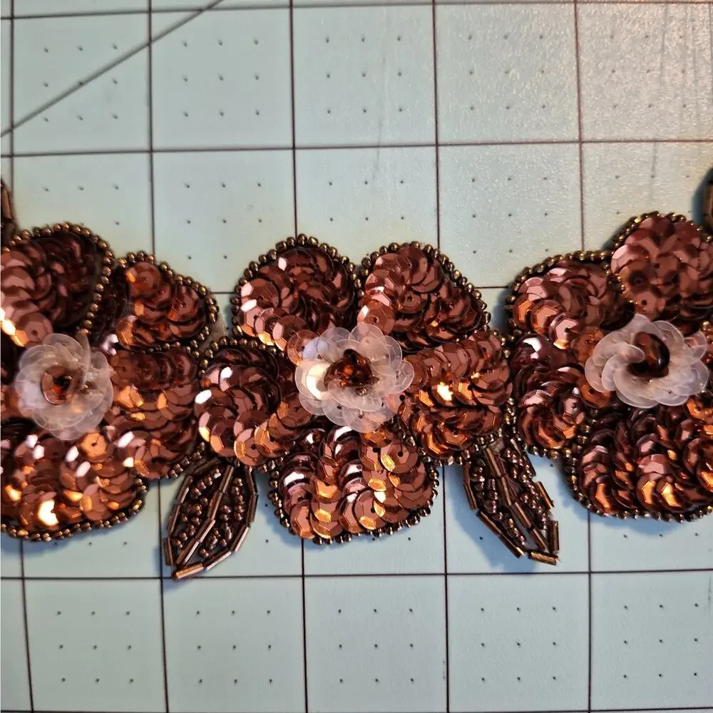 Bronze and clear iridescent sequin and bead triple flower applique set of 2